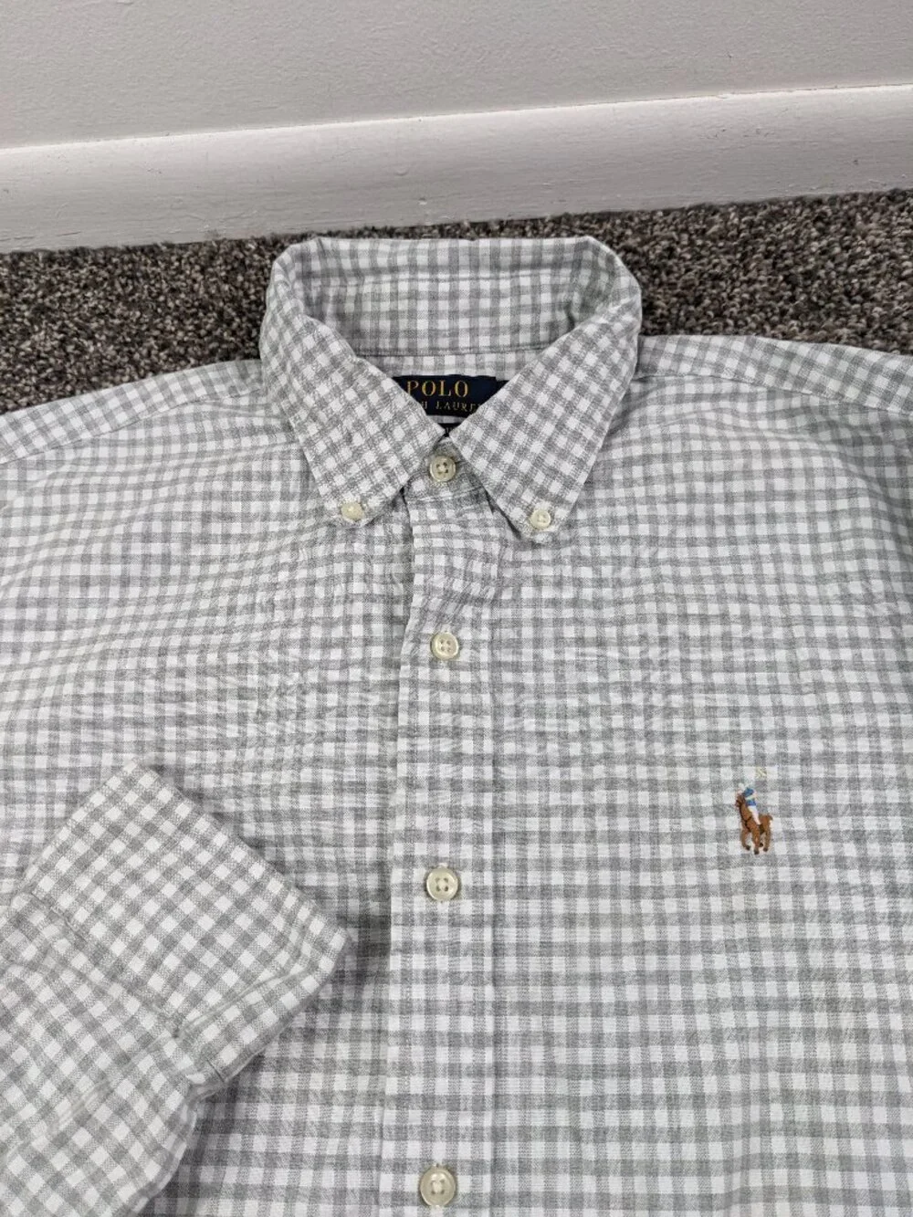Polo Ralph Lauren Shirt Oxford L/S Button Down Gingham Checked Gray Mens Large